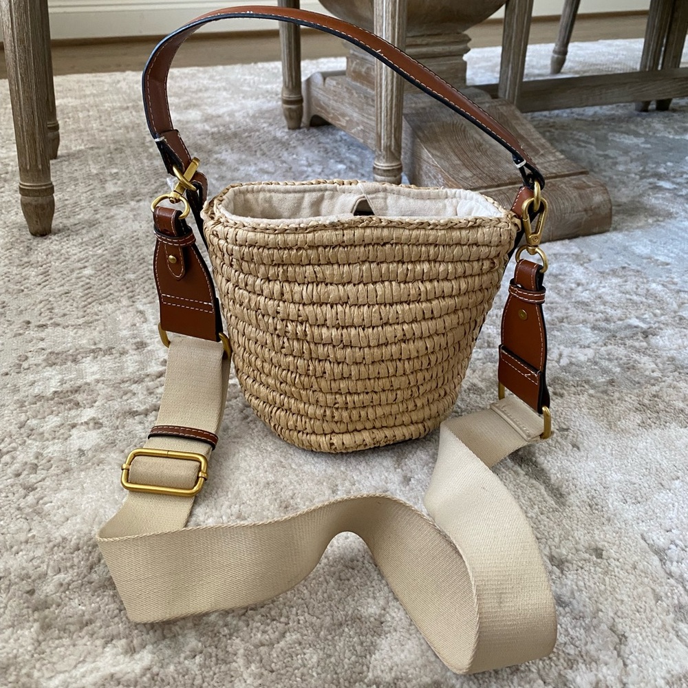 Zara Tan and Brown Woven Bucket Bag